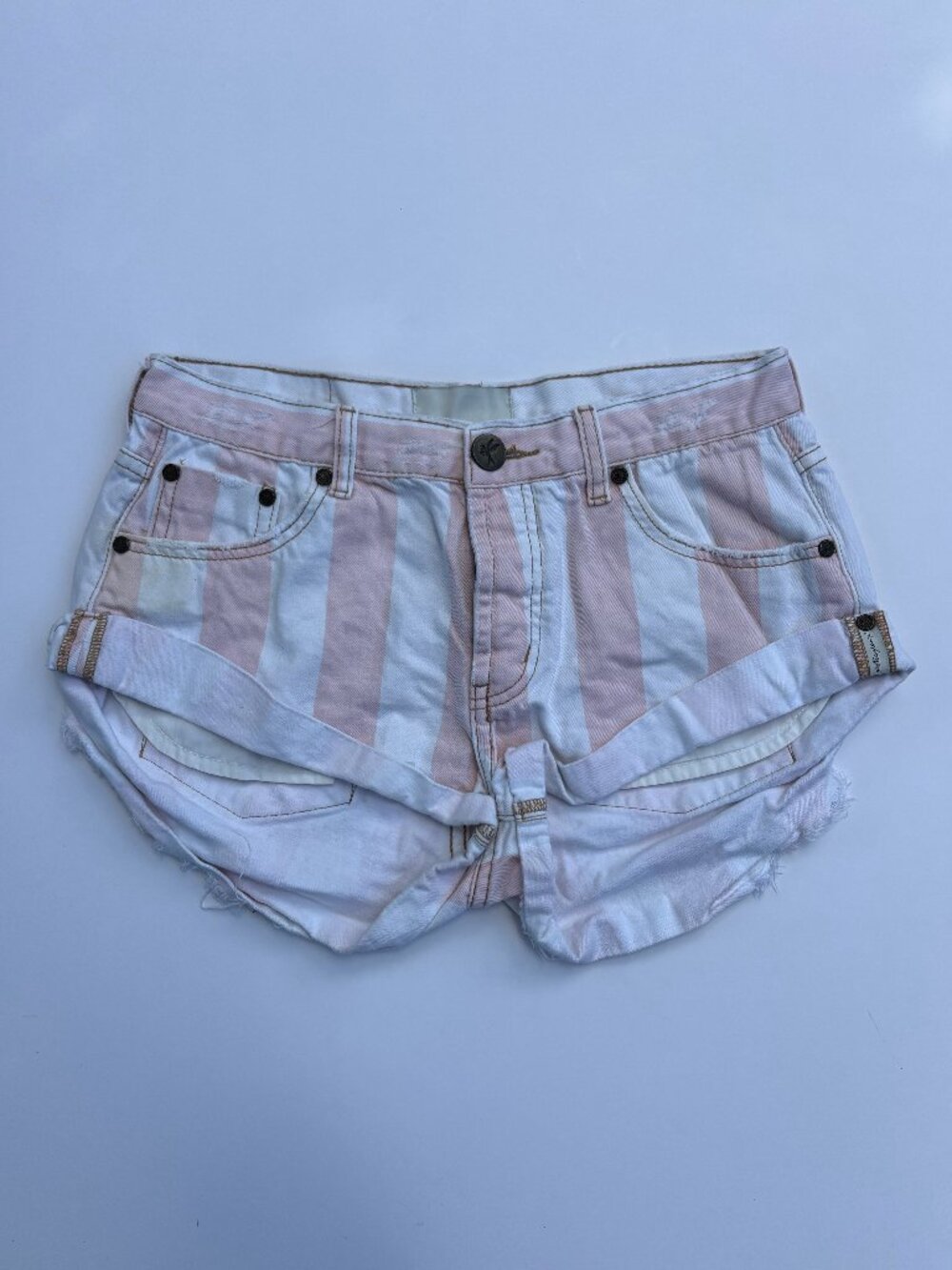 One Teaspoon Pink and White Striped Denim Shorts